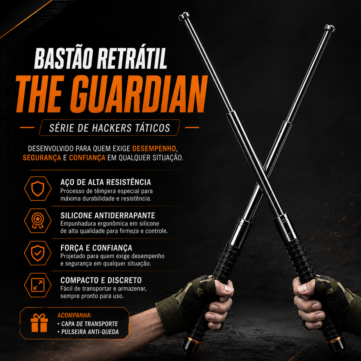 Bastão Retrátil Tático Sentinela em Aço 66 cm