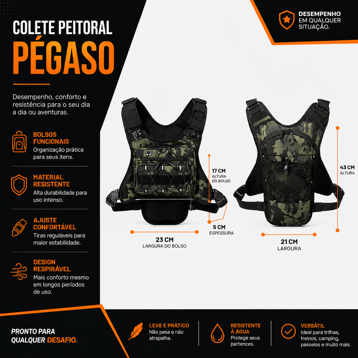Colete Peitoral Tático com Opção de Refil de Hidratação 2L