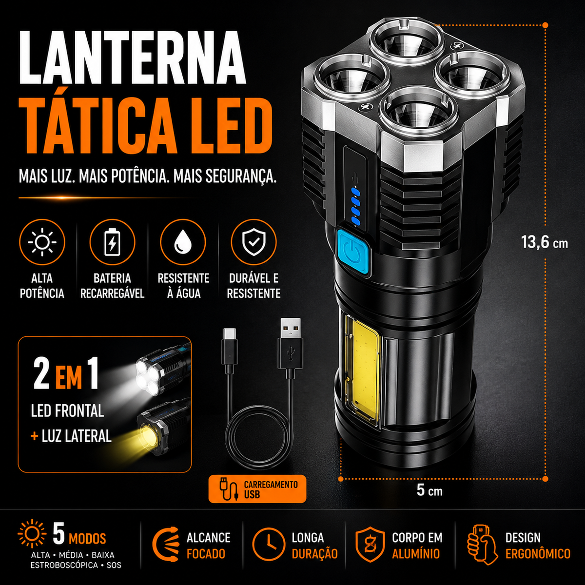 Lanterna Tática Recarregável Operação