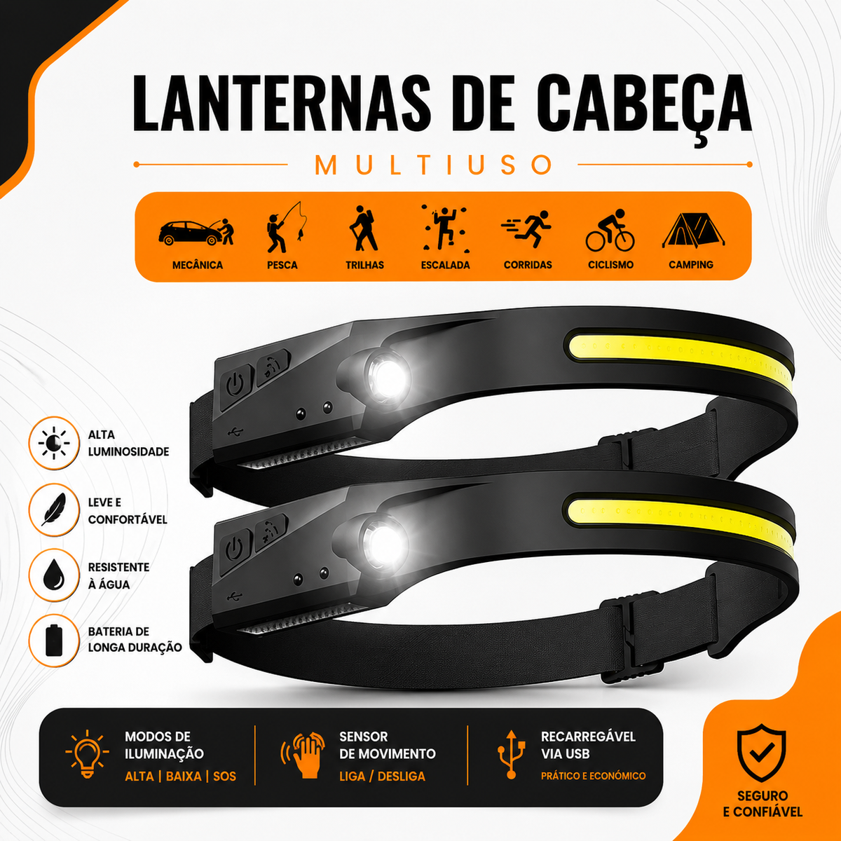 Lanterna de Cabeça LED Faixa Panorâmica com Sensor de Movimento