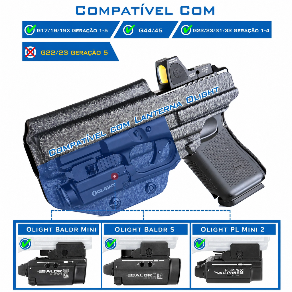 Coldre Velado para Glock G19, G19X, G44, G45, G22 e G23 com Lanterna e Red Dot