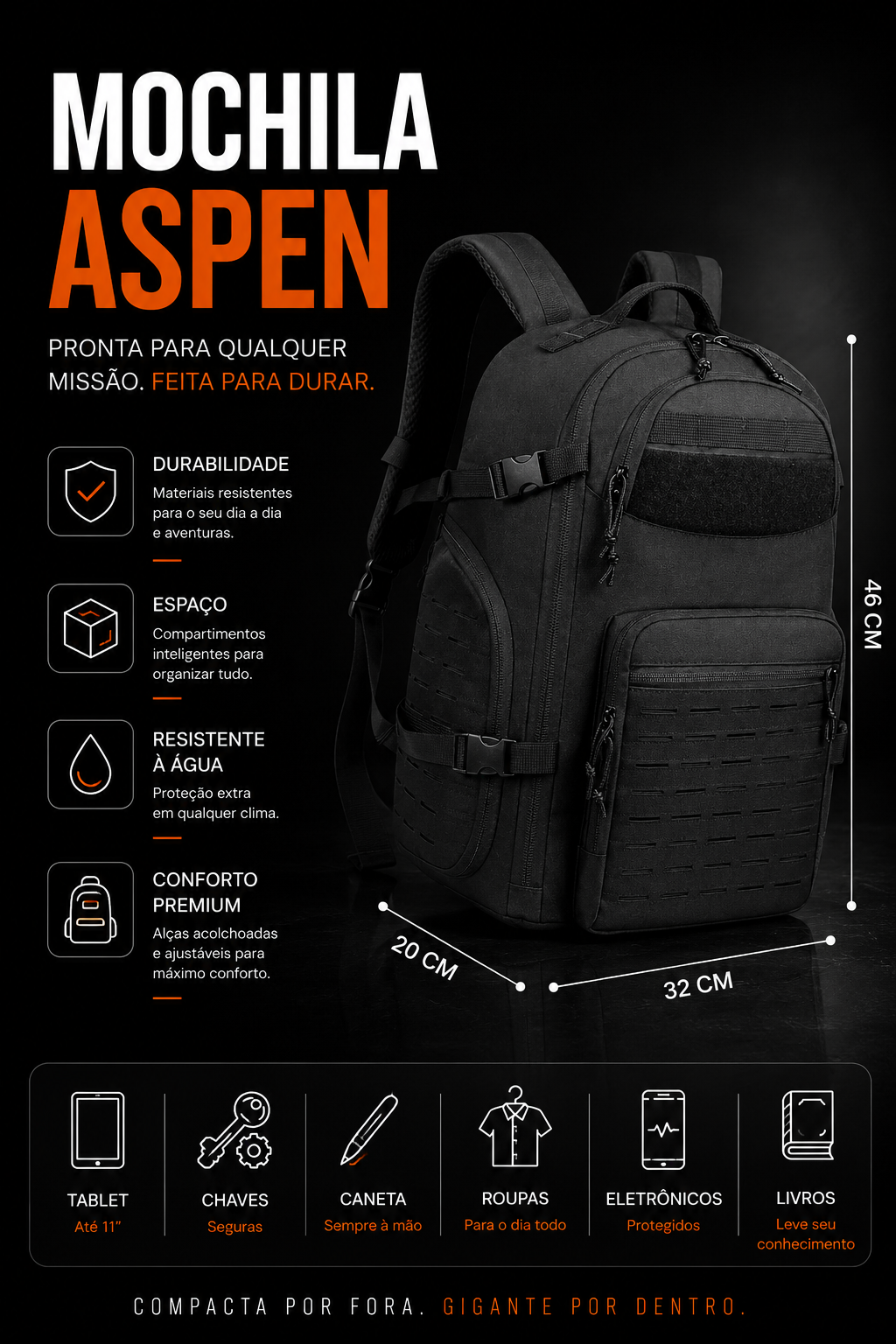Mochila Tática Gavião 40 Litros - Preta