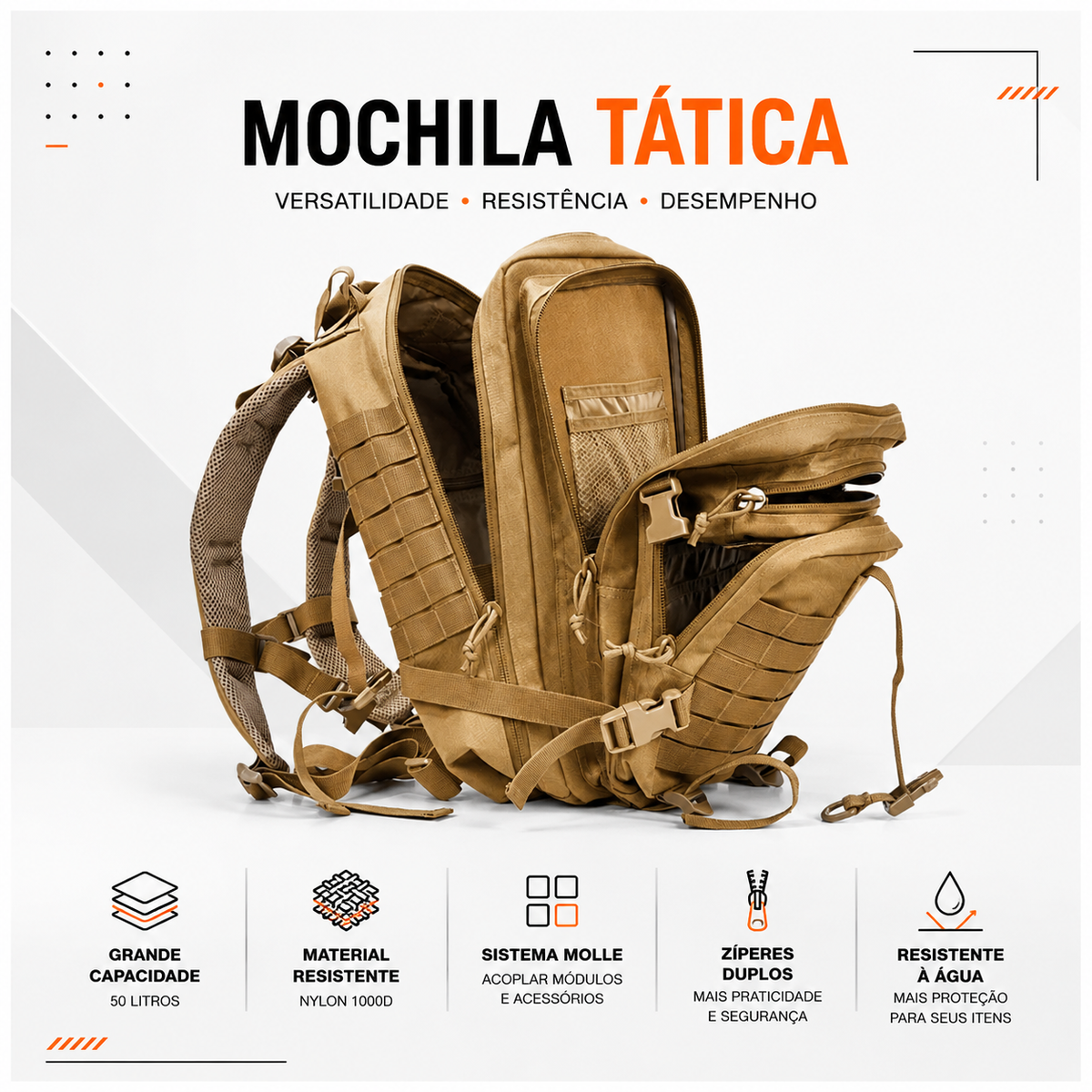 Mochila Tática Recon 50 Litros - Cáqui