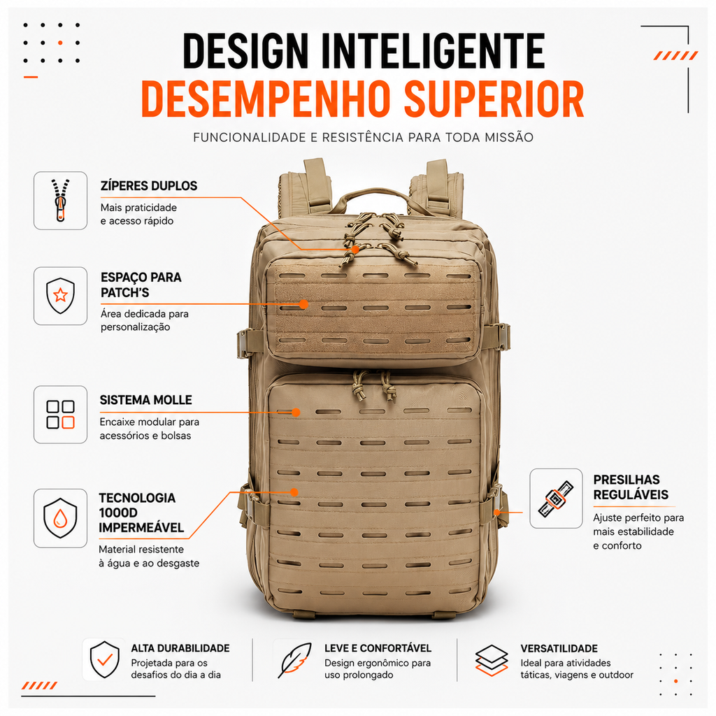 Mochila Tática Âncora 50 Litros - Cáqui