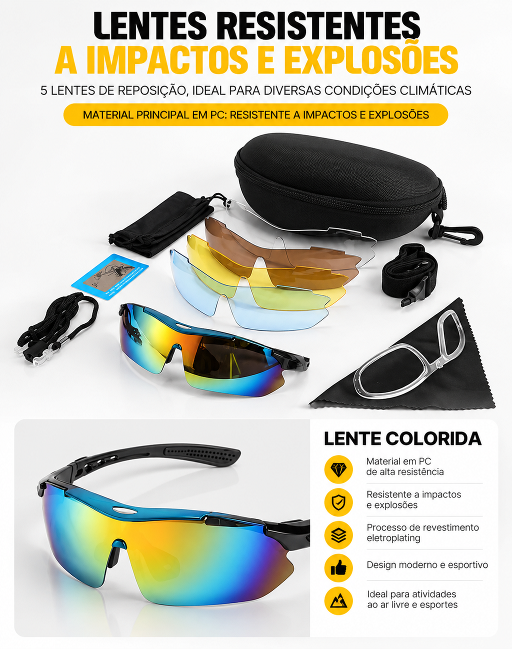 Óculos Táticos Polarizados com 5 Lentes Intercambiáveis