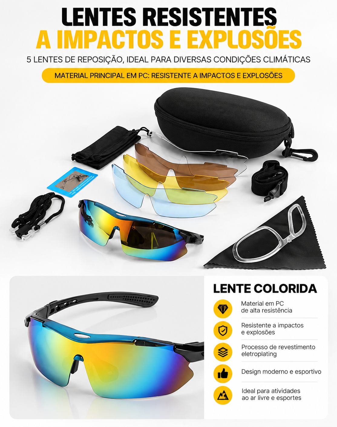Óculos Táticos Polarizados com 5 Lentes Intercambiáveis