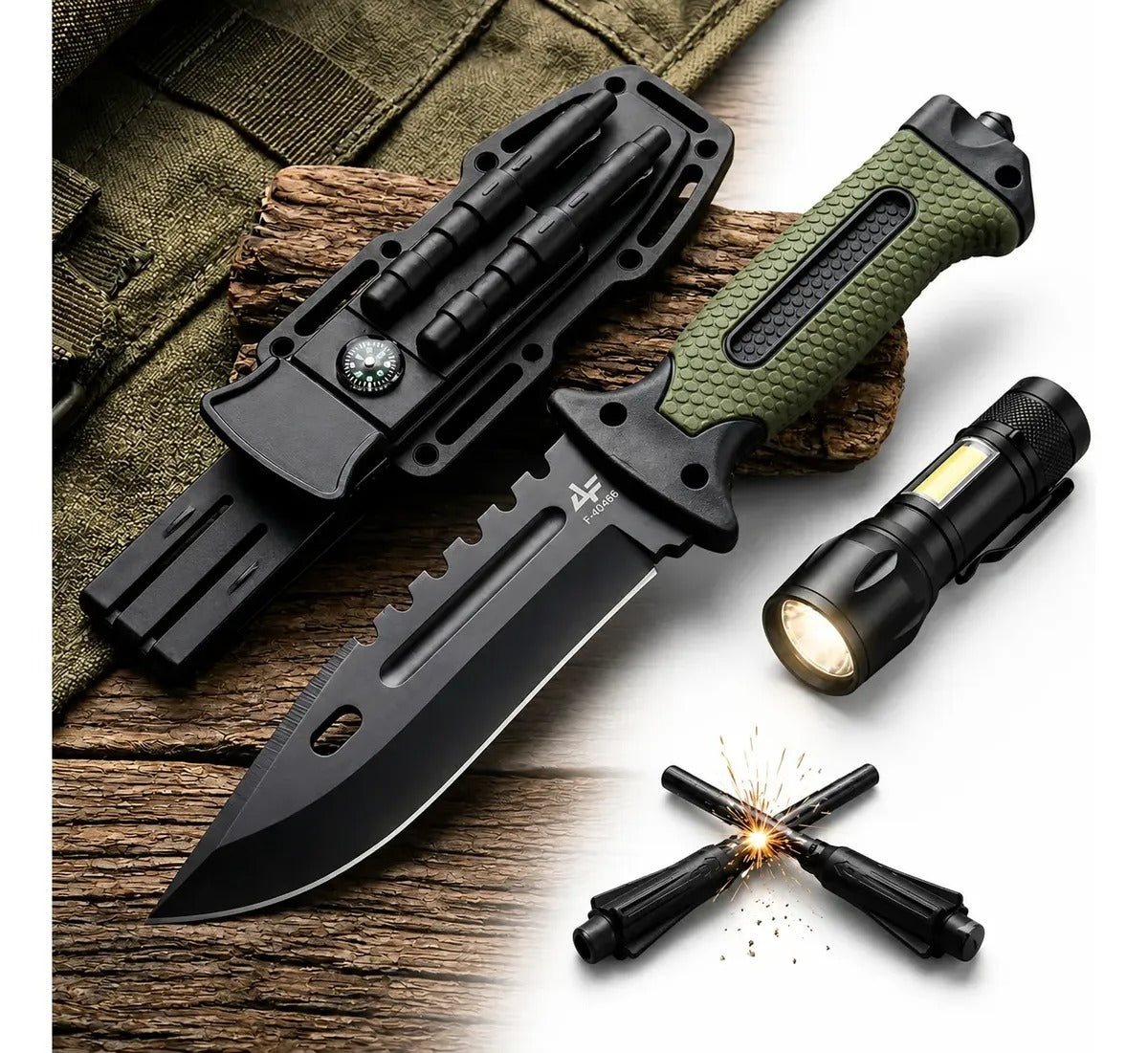 Kit Sobrevivência Faca Militar + Lanterna Tática com Zoom