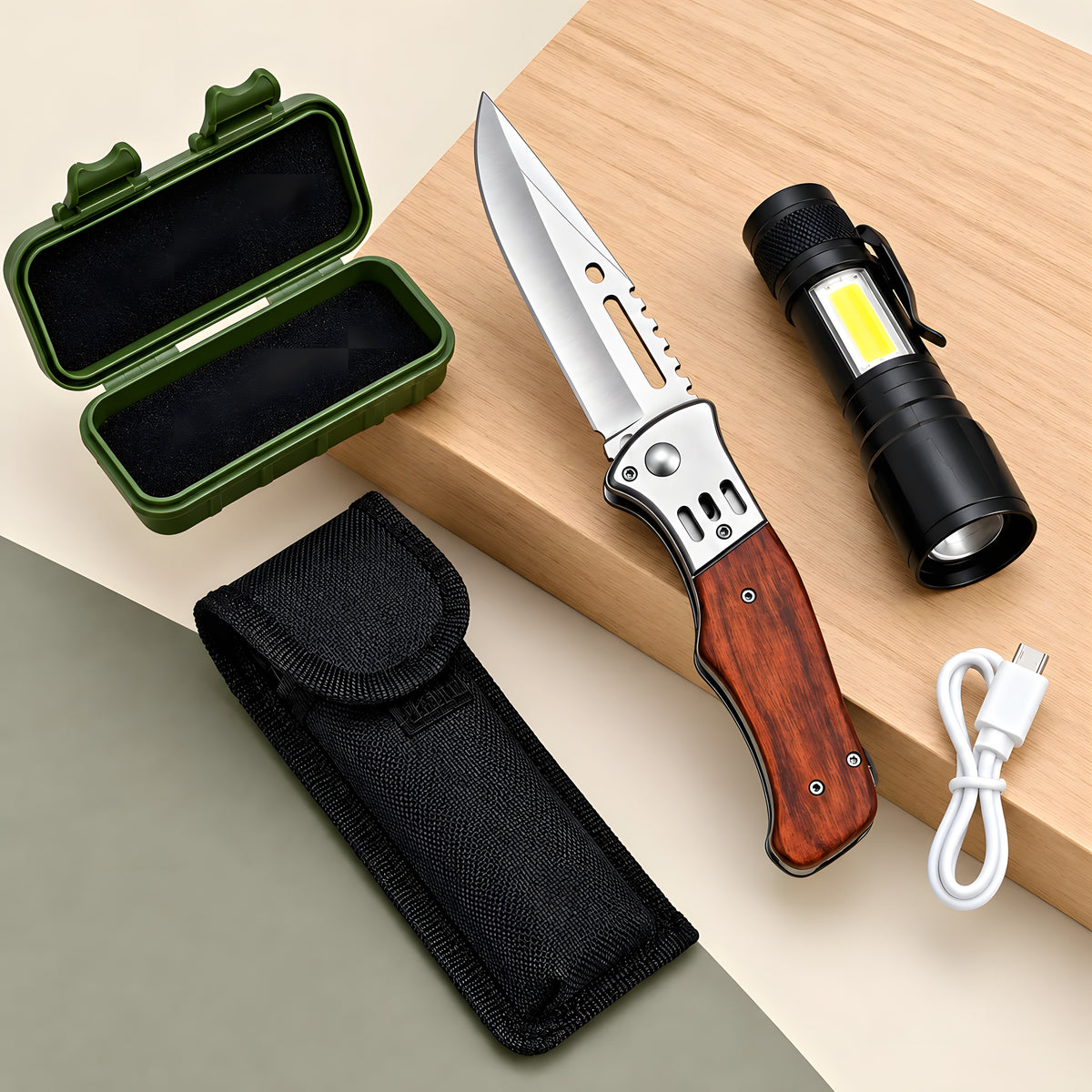 Conteúdo do kit: canivete, lanterna, bainha, estojo e cabo USB