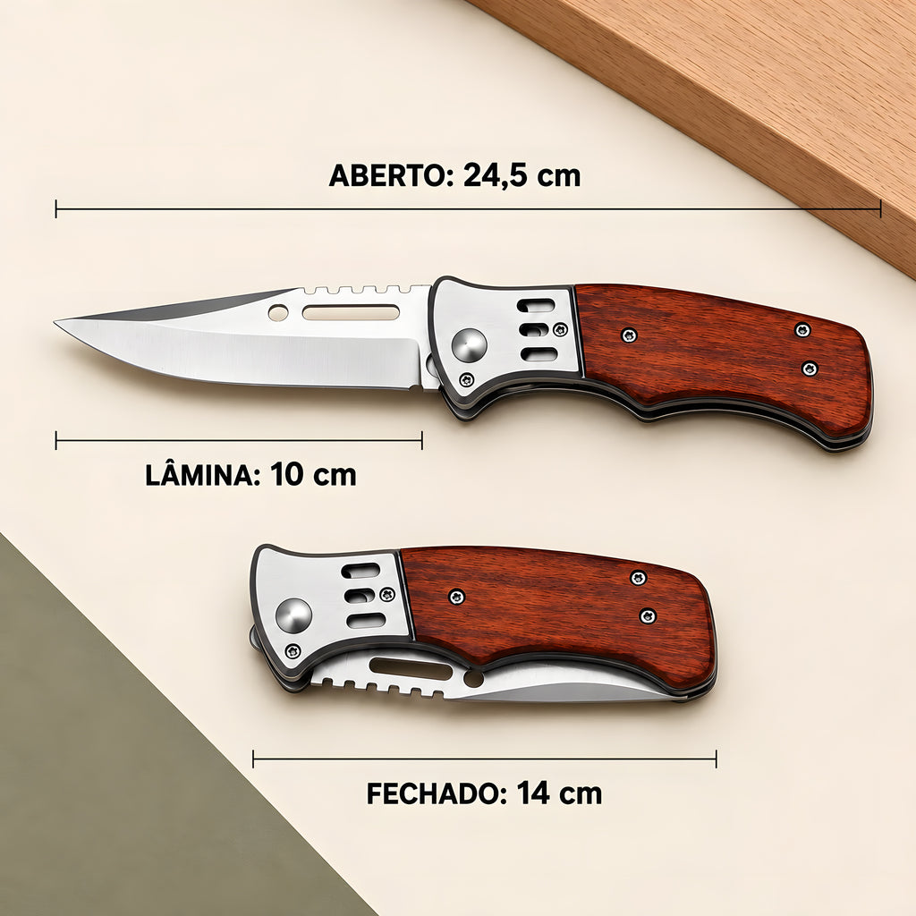 Medidas do canivete: 24,5 cm aberto, 14 cm fechado, lâmina 10 cm