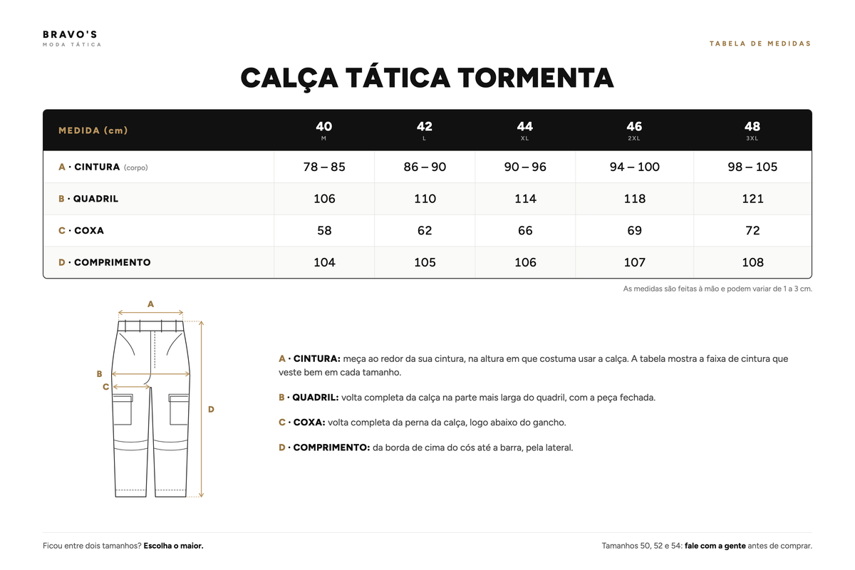Tabela de medidas - Calça Tática Tormenta
