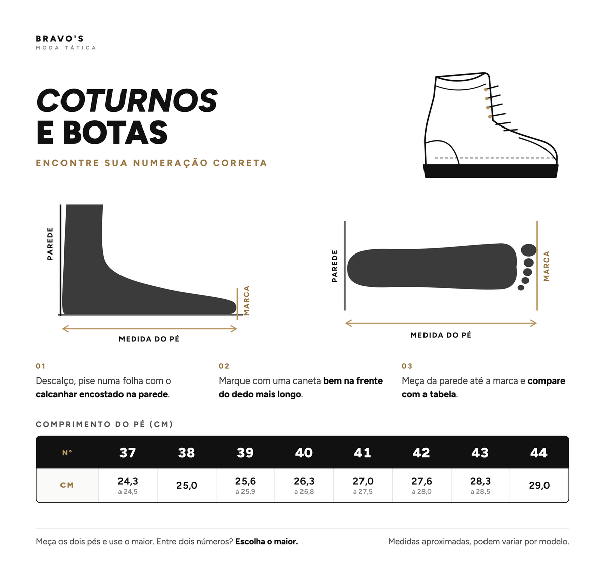 Tabela de medidas - Coturnos e botas