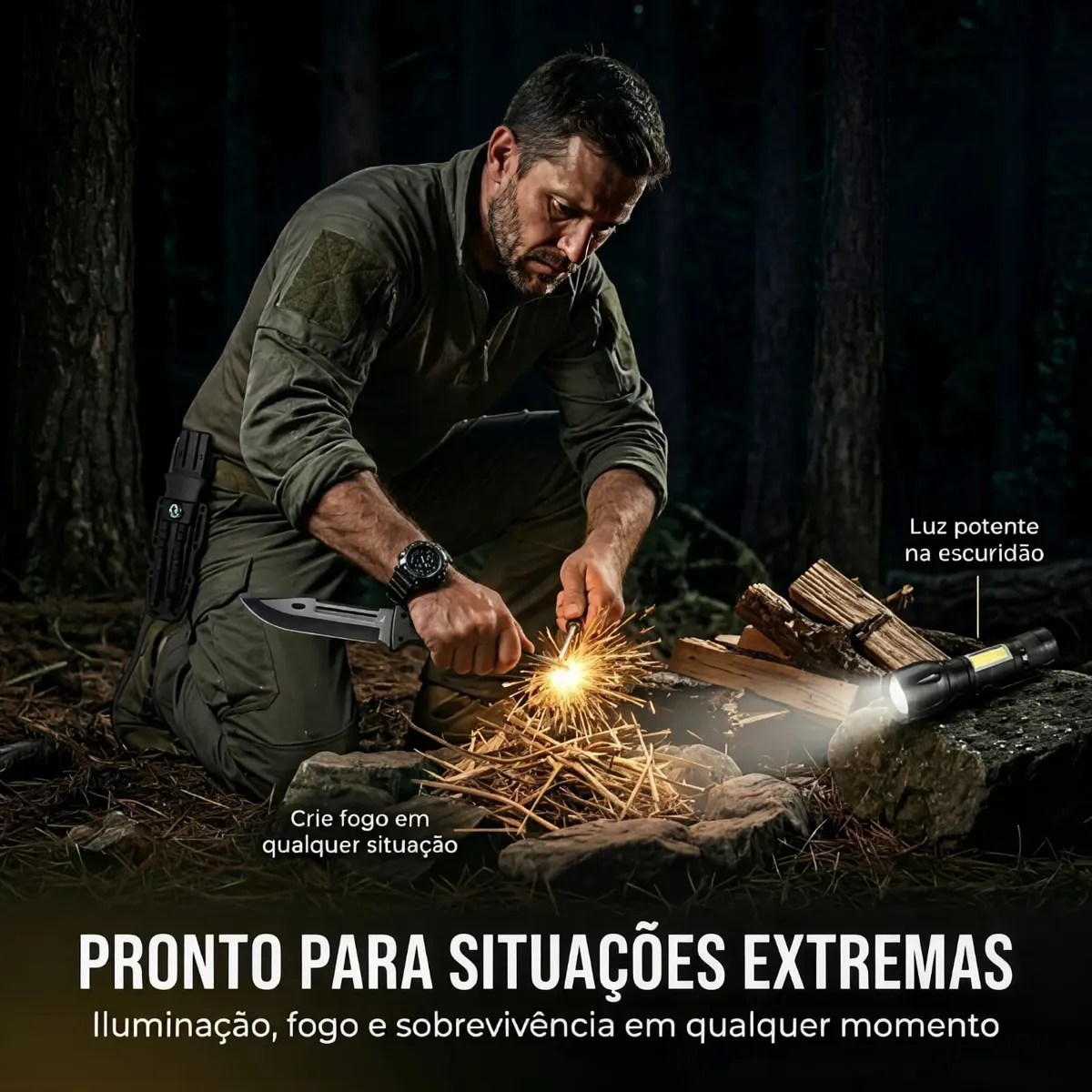 Kit Sobrevivência Faca Militar + Lanterna Tática com Zoom
