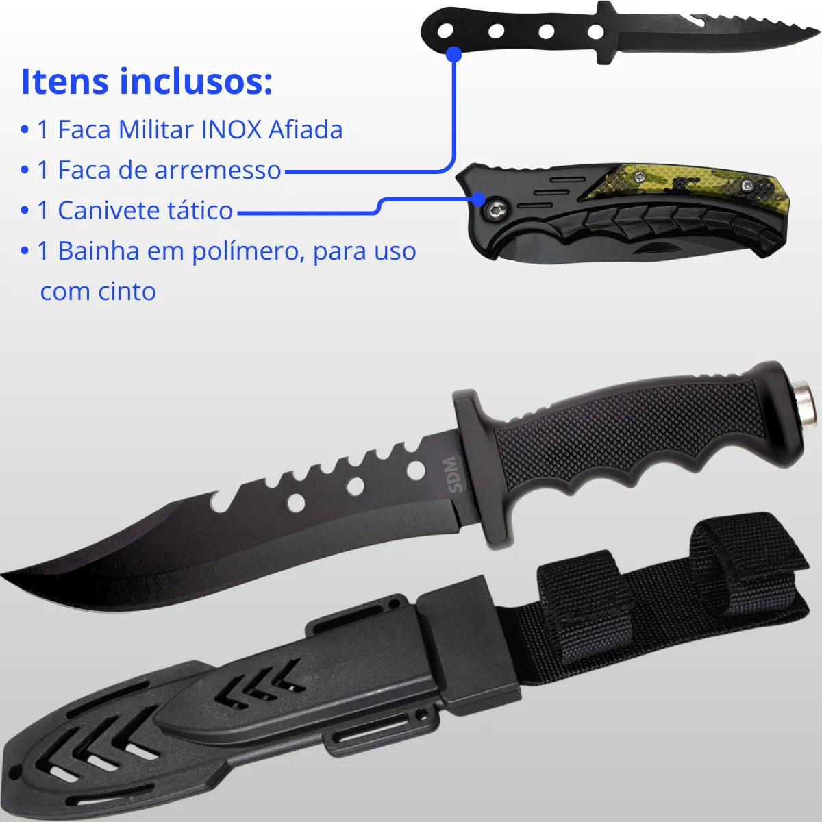 Kit Operacional 3 Lâminas: Faca, Faca de Arremesso e Canivete